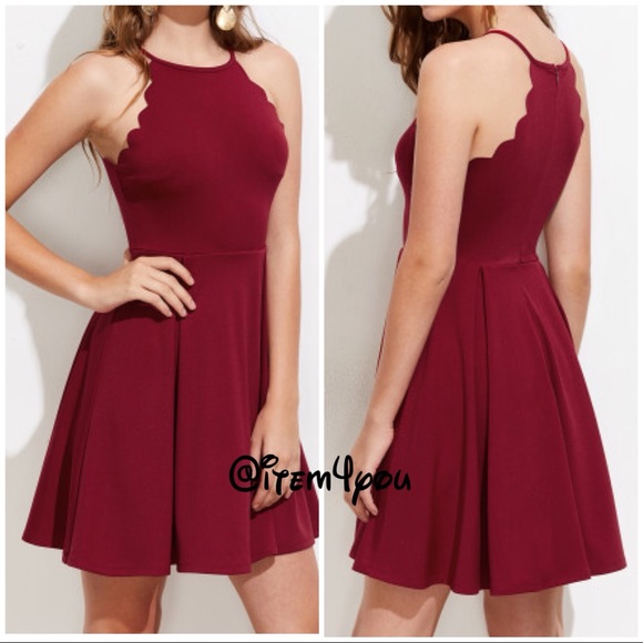 Dresses & Skirts - Burgundy maroon Scallop Edge Box Pleated Dress
